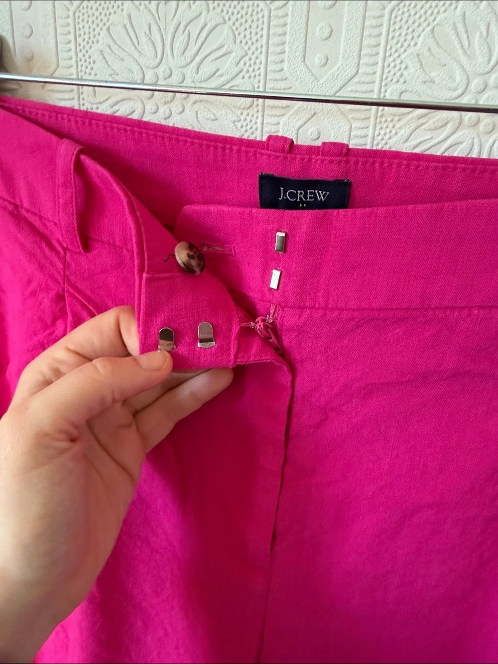 J. Crew Bright Pink High-Rise Straight Trousers Linen Blend Size 12
